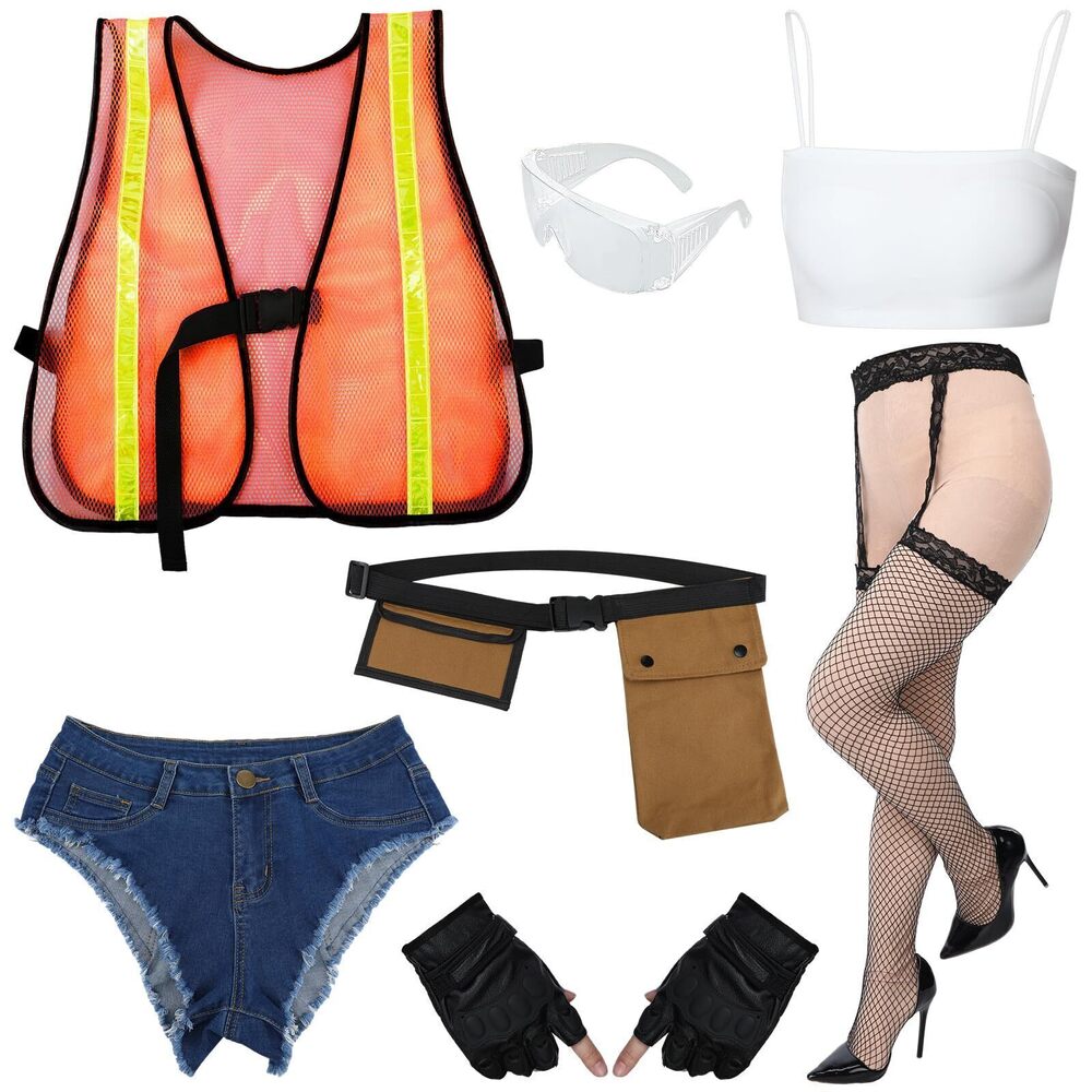 7355 7 Pcs Construction Worker Costume Halloween Cosplay Short Belt Top